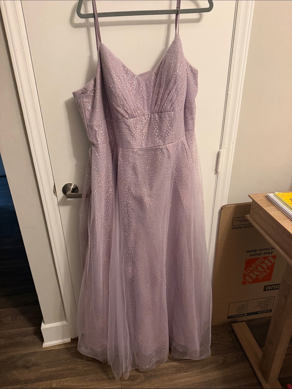 Lilac Sparkle Tulle Formal Dress with V-Neck and Spaghetti Straps